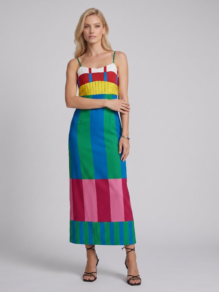 Women's Colorblock Striped Bodycon Maxi Dress Spaghetti Strap Slit Zipper Summer